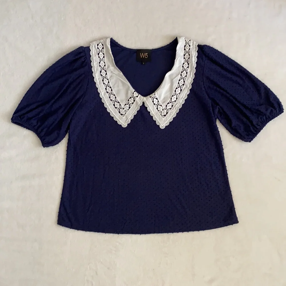 {Anthro} W5 | Scallop Bib Collar Swiss Dot Short Sleeve Feminine Blouse Top (L) - Picture 14 of 14